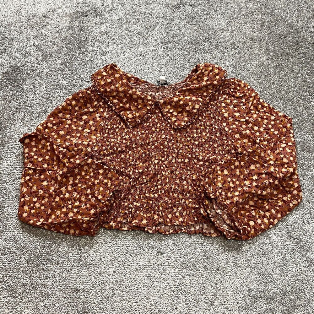 Rabbit Rose Blouse Cropped Peasant Top Womens XL Brown Floral Stretch Collared